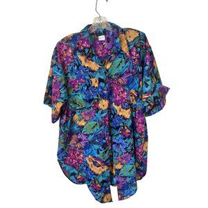 Womens Floral Button Up Shirt 14W Short Sleeve Tropical Vtg USA XL Purple 80s